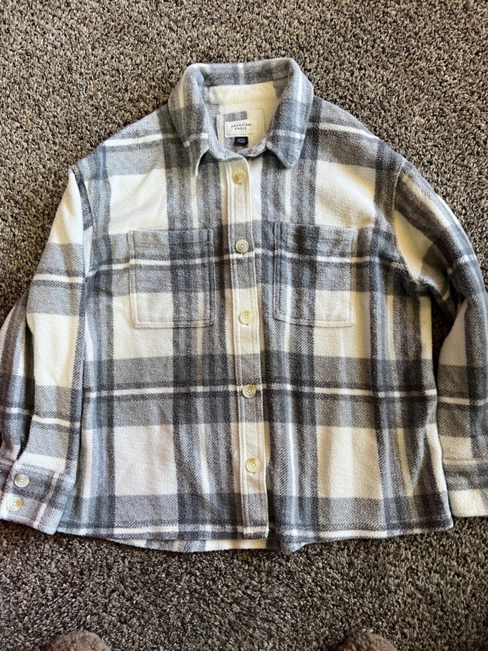 American Eagle Outfitters Women’s White & Gray Plaid Button-Up Shirt Shajacket